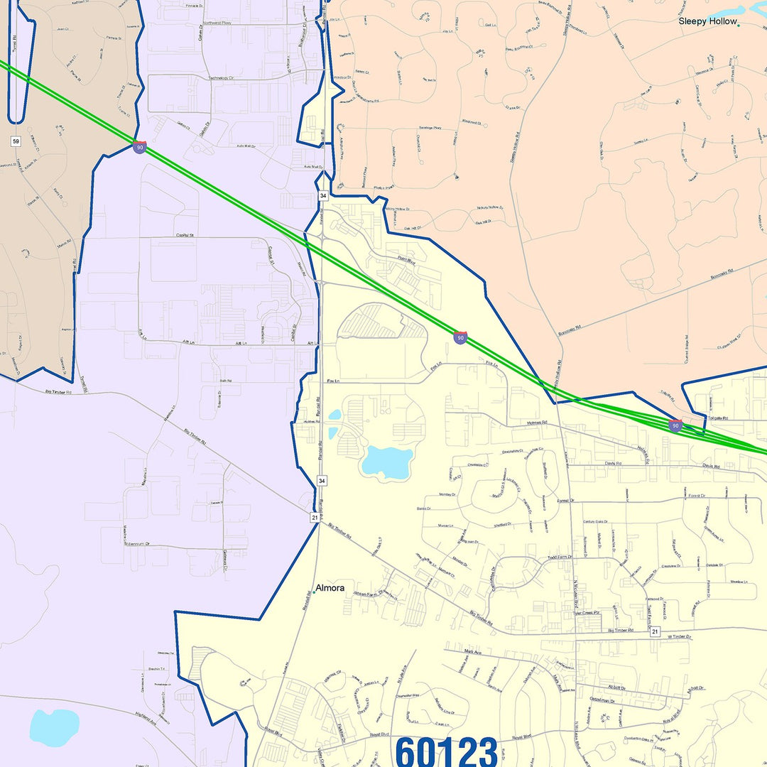 Color Cast Zip Code Style Wall Map of Elgin, IL