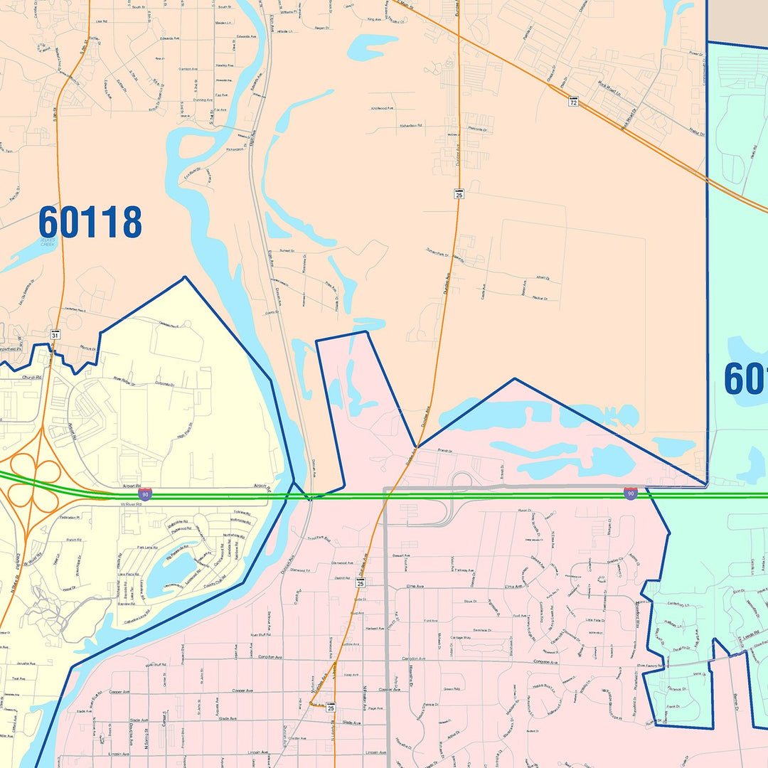 Color Cast Zip Code Style Wall Map of Elgin, IL