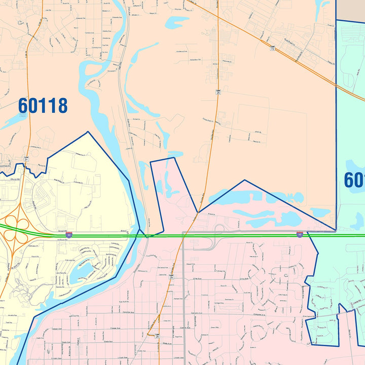 Color Cast Zip Code Style Wall Map of Elgin, IL