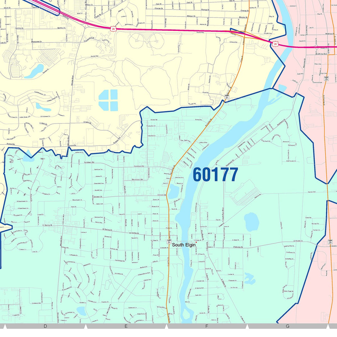 Color Cast Zip Code Style Wall Map of Elgin, IL