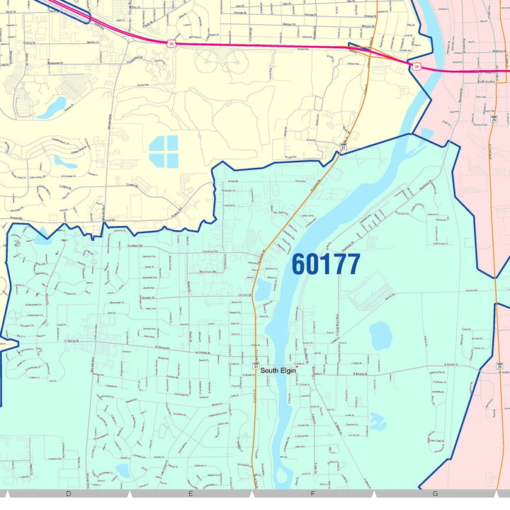Color Cast Zip Code Style Wall Map of Elgin, IL