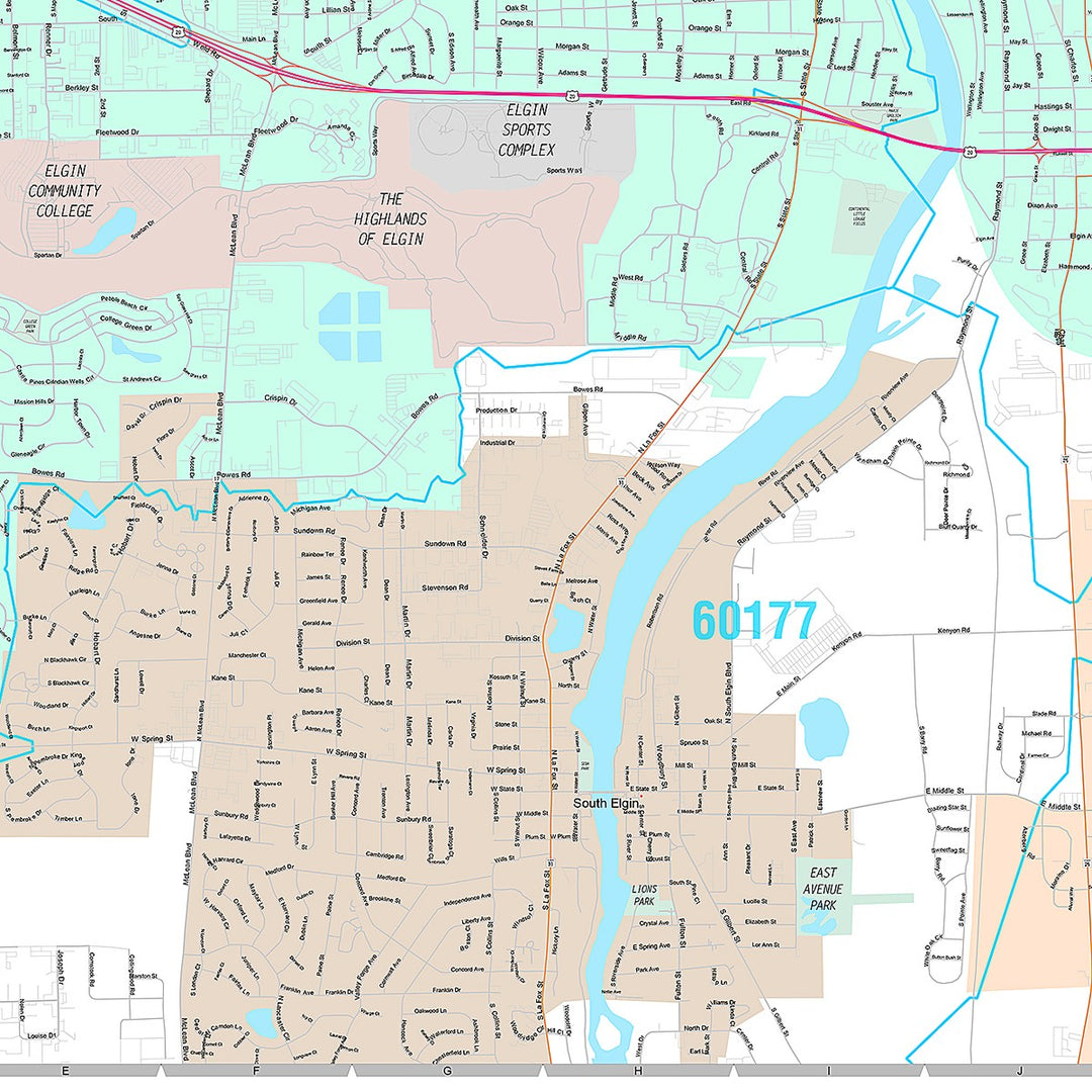 Premium Style Wall Map of Elgin, IL