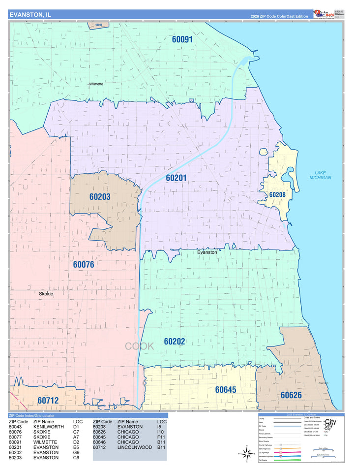 Color Cast Zip Code Style Wall Map of Evanston, IL