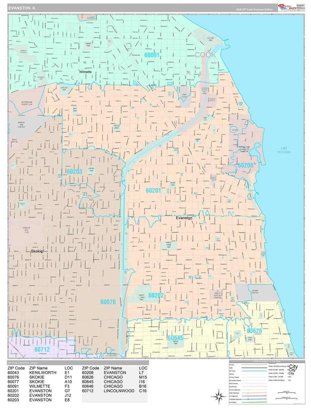 Premium Style Wall Map of Evanston, IL