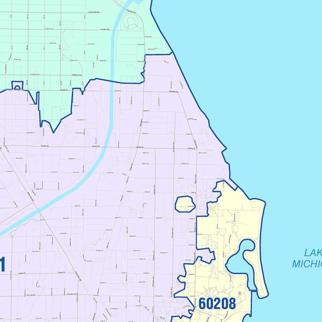 Color Cast Zip Code Style Wall Map of Evanston, IL