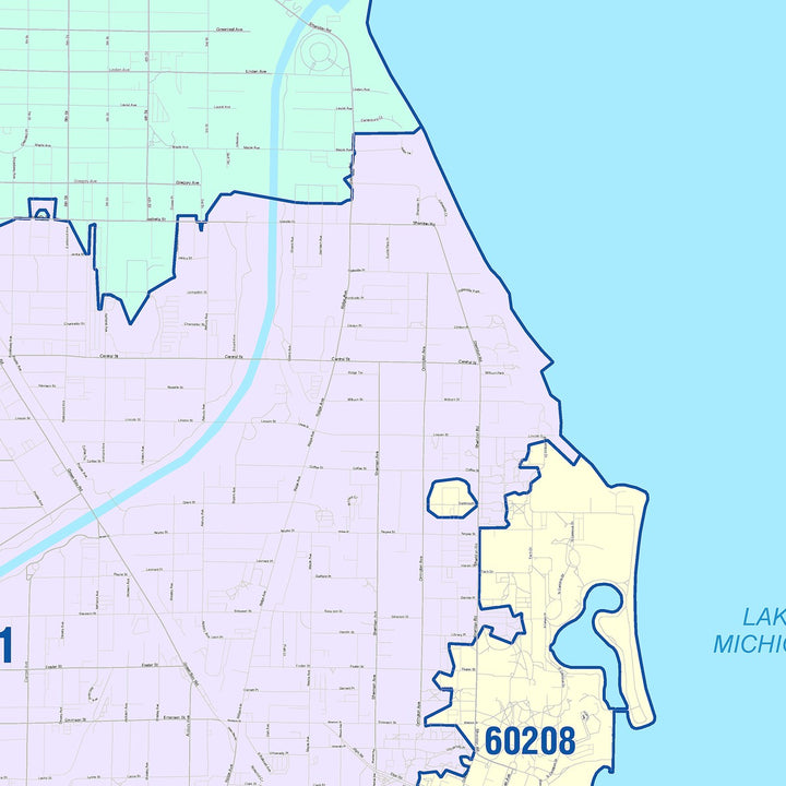 Color Cast Zip Code Style Wall Map of Evanston, IL