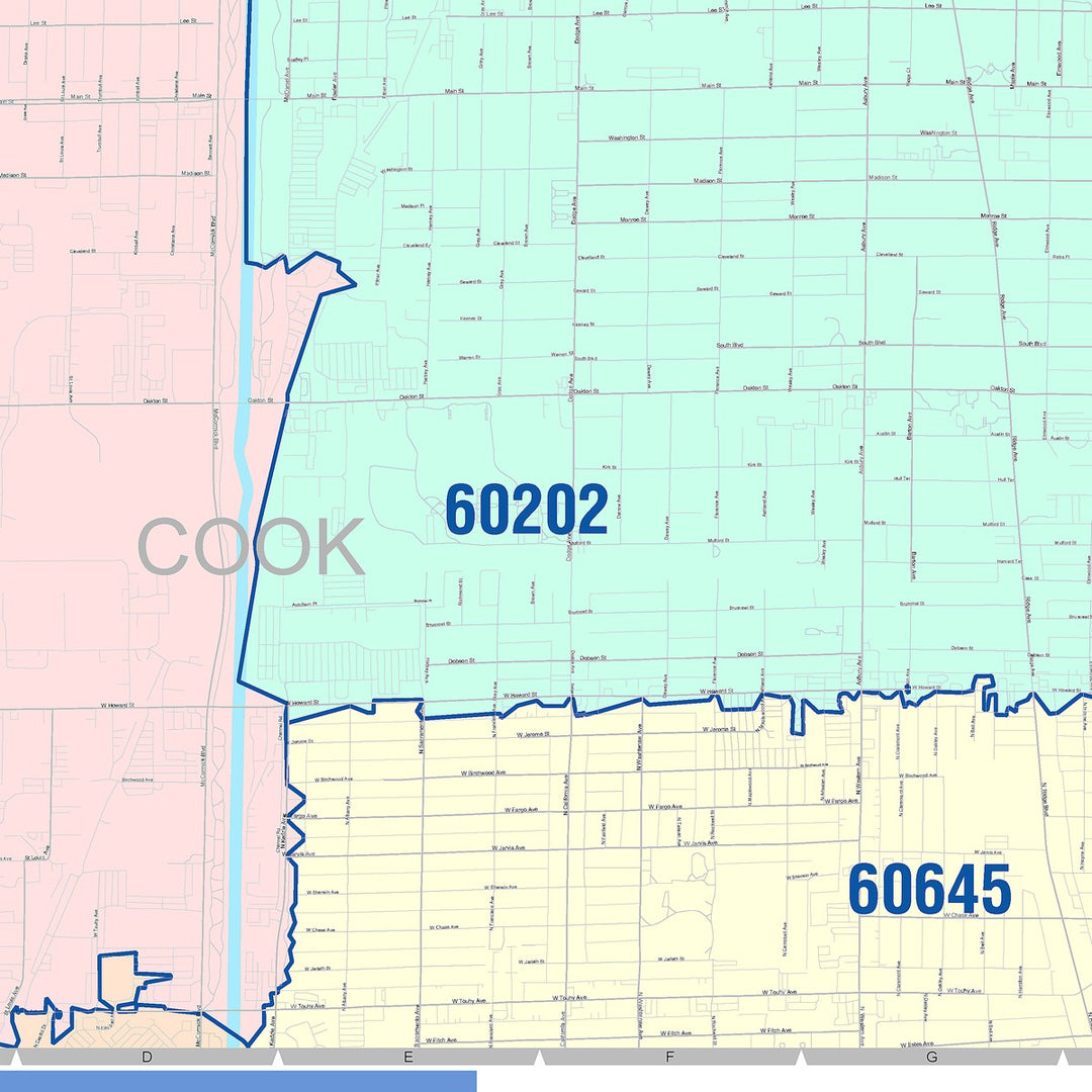 Color Cast Zip Code Style Wall Map of Evanston, IL