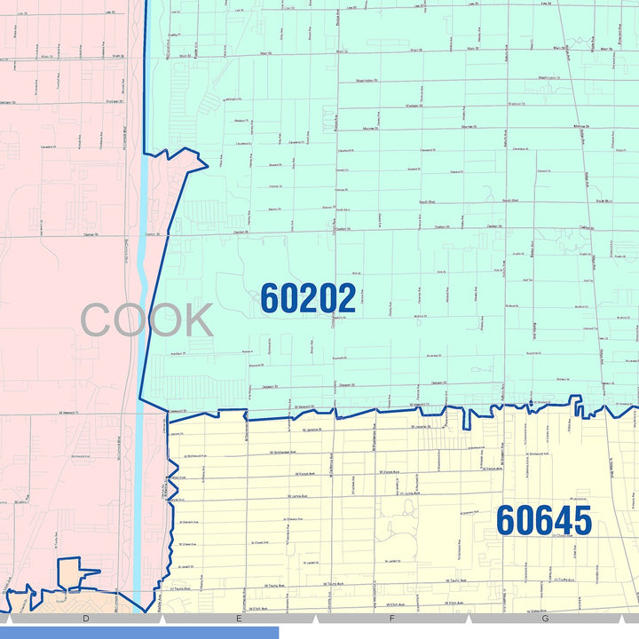 Color Cast Zip Code Style Wall Map of Evanston, IL