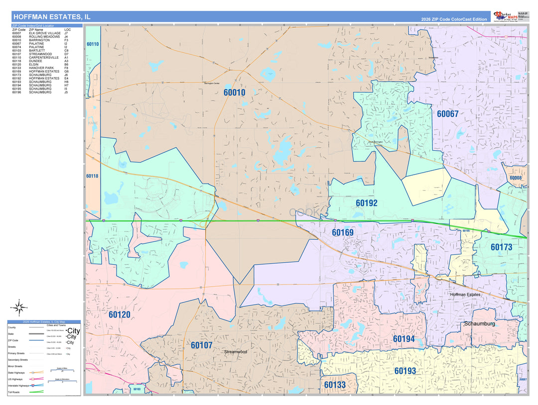 Color Cast Zip Code Style Wall Map of Hoffman Estates, IL
