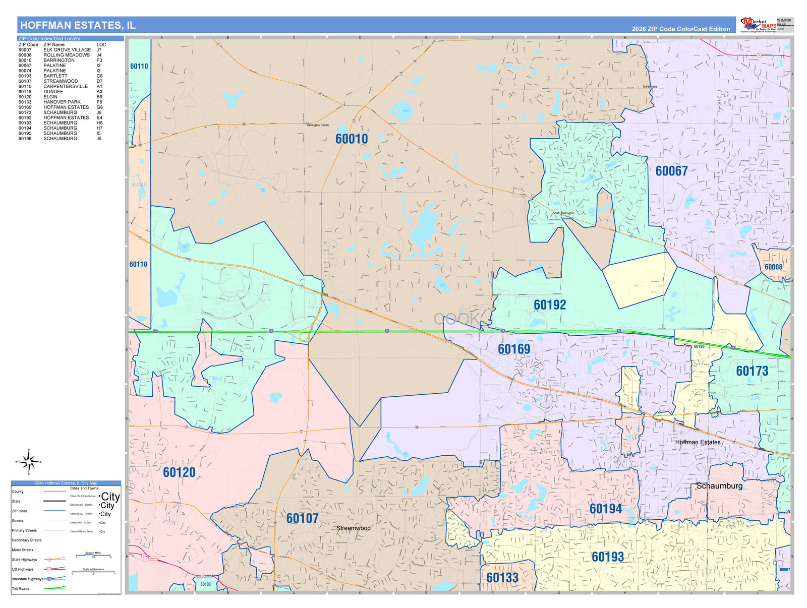 Color Cast Zip Code Style Wall Map of Hoffman Estates, IL