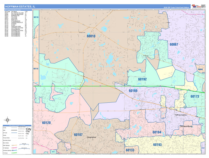 Color Cast Zip Code Style Wall Map of Hoffman Estates, IL