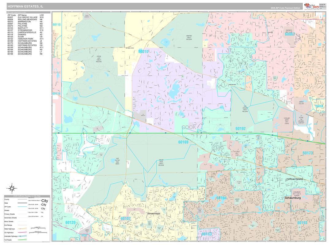 Premium Style Wall Map of Hoffman Estates, IL