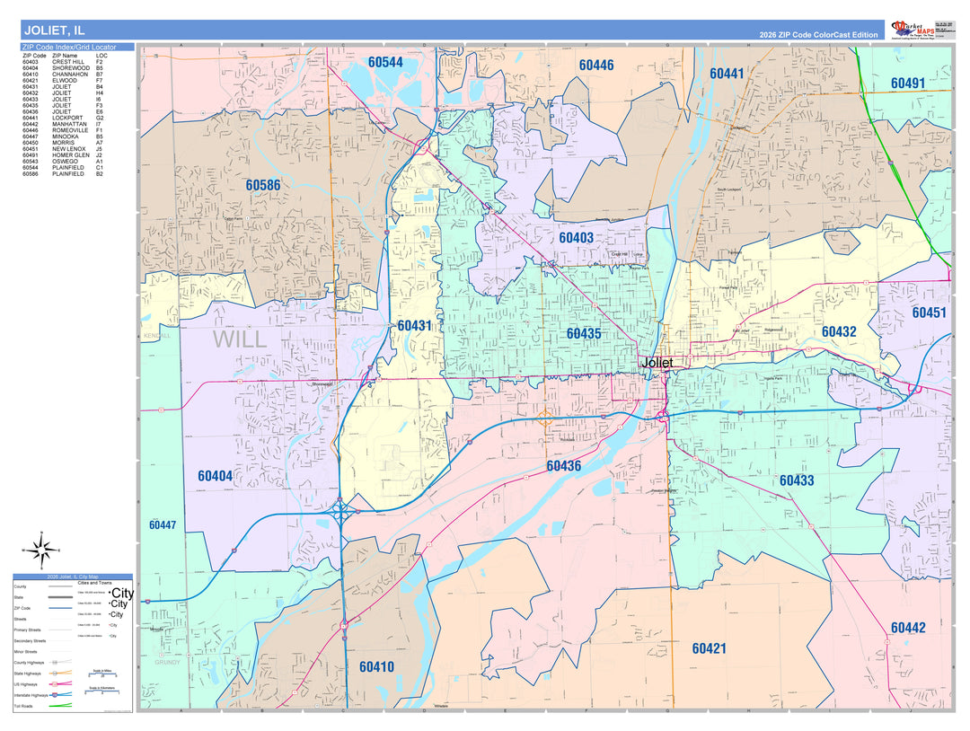 Color Cast Zip Code Style Wall Map of Joliet, IL