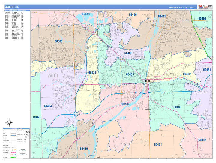 Color Cast Zip Code Style Wall Map of Joliet, IL