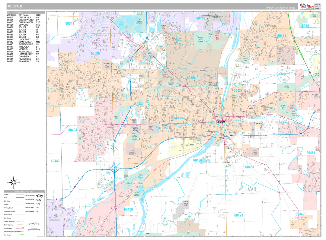 Premium Style Wall Map of Joliet, IL