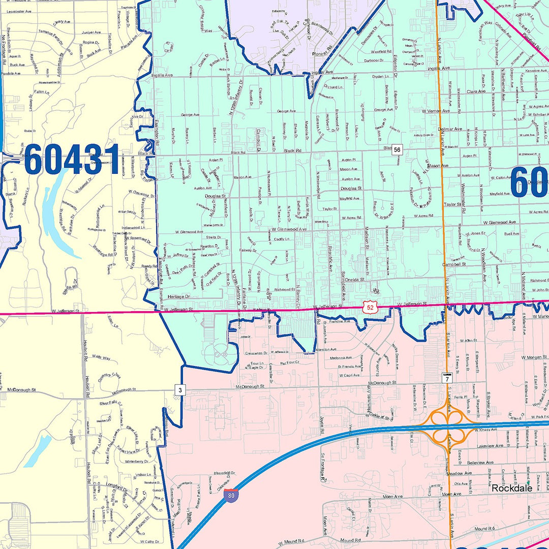 Color Cast Zip Code Style Wall Map of Joliet, IL