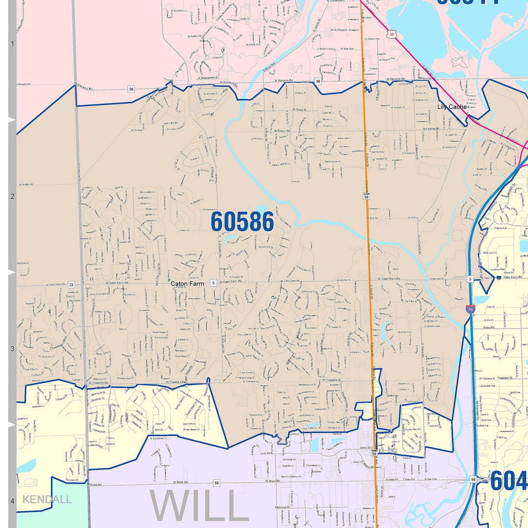 Color Cast Zip Code Style Wall Map of Joliet, IL
