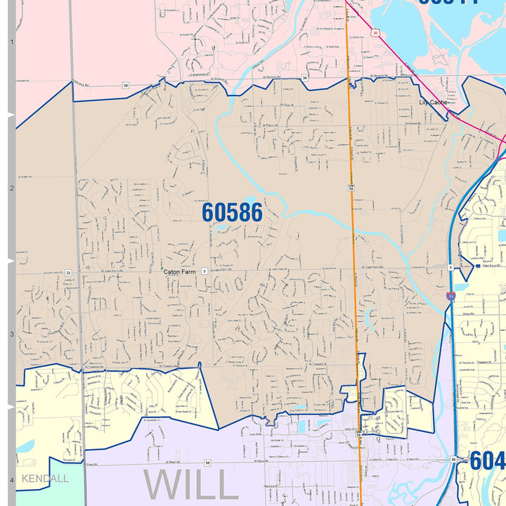 Color Cast Zip Code Style Wall Map of Joliet, IL