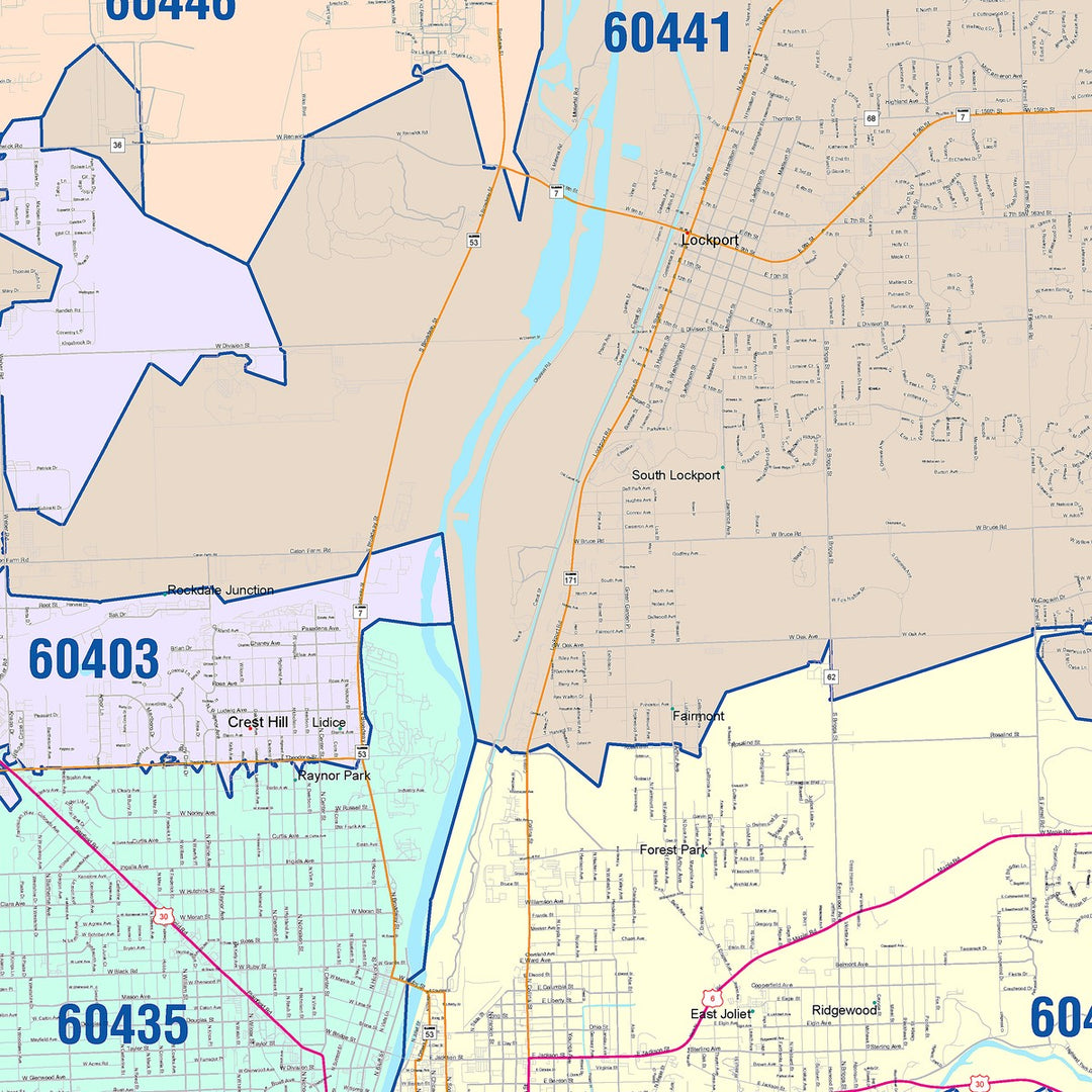Color Cast Zip Code Style Wall Map of Joliet, IL