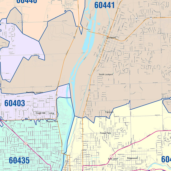 Color Cast Zip Code Style Wall Map of Joliet, IL