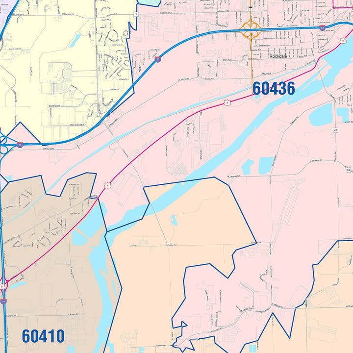 Color Cast Zip Code Style Wall Map of Joliet, IL