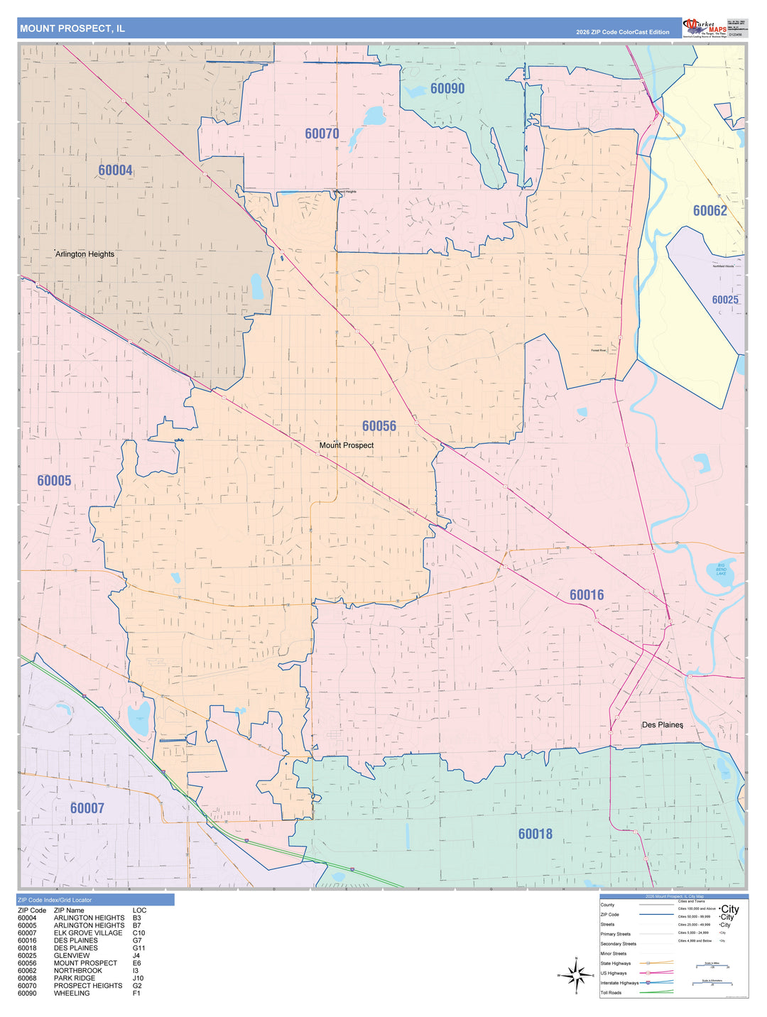 Color Cast Zip Code Style Wall Map of Mount Prospect, IL