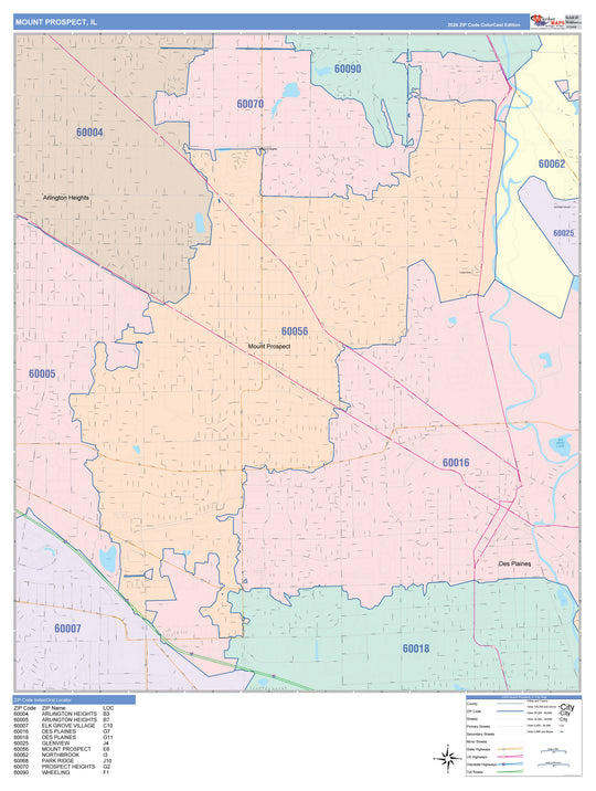 Color Cast Zip Code Style Wall Map of Mount Prospect, IL – American Map ...