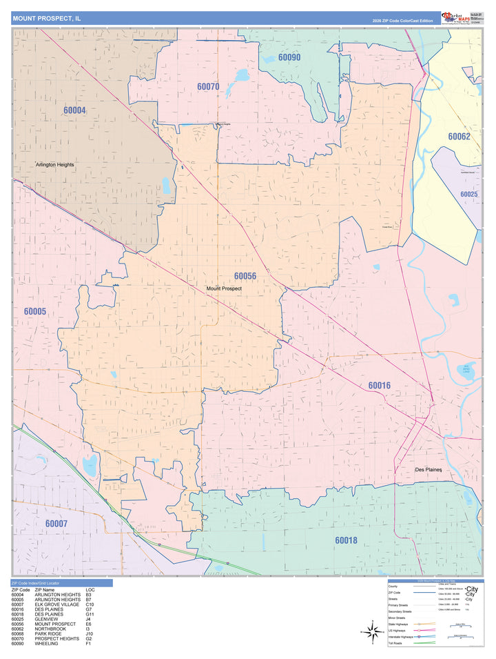 Color Cast Zip Code Style Wall Map of Mount Prospect, IL