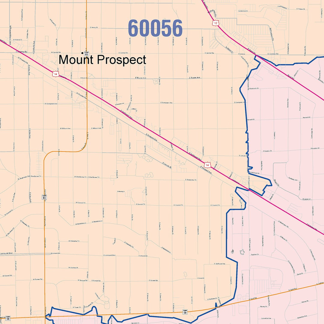 Color Cast Zip Code Style Wall Map of Mount Prospect, IL