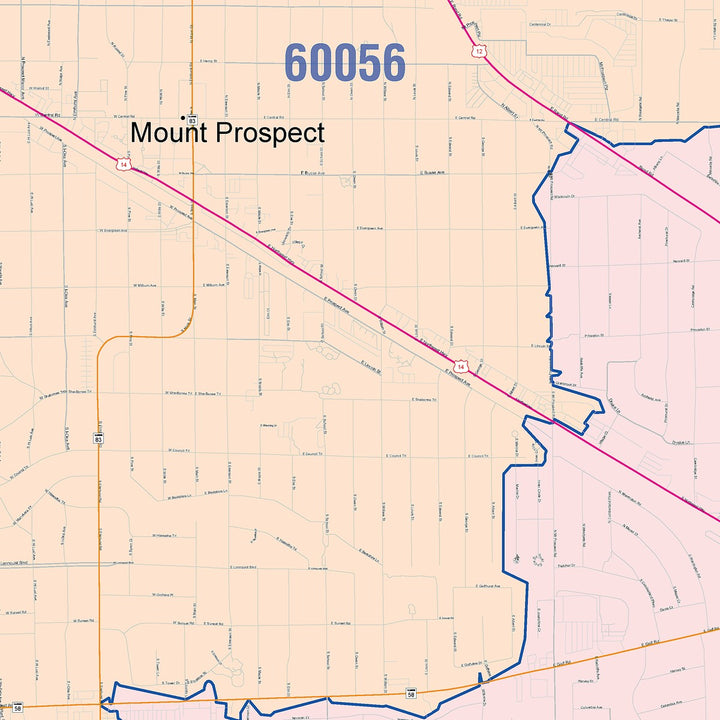 Color Cast Zip Code Style Wall Map of Mount Prospect, IL