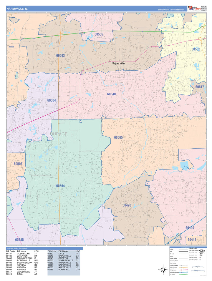Color Cast Zip Code Style Wall Map of Naperville, IL