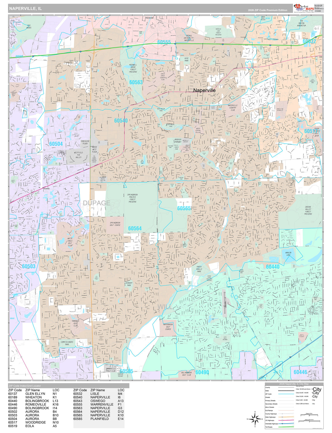 Premium Style Wall Map of Naperville, IL