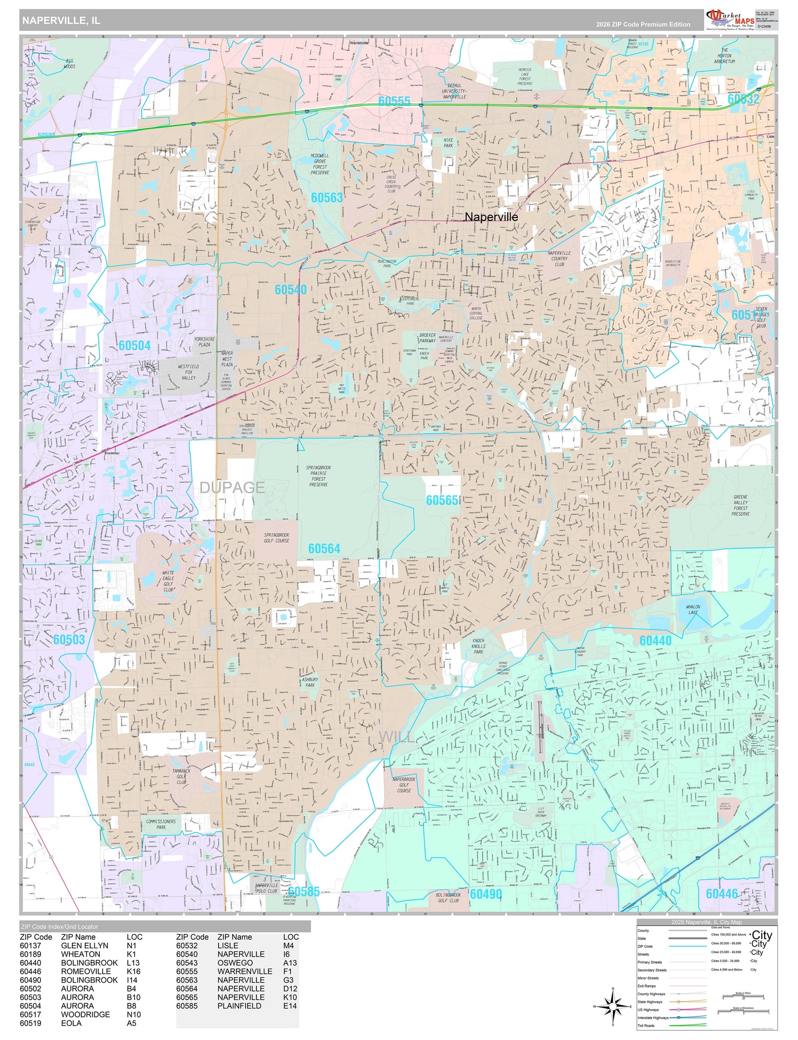 Premium Style Wall Map of Naperville, IL