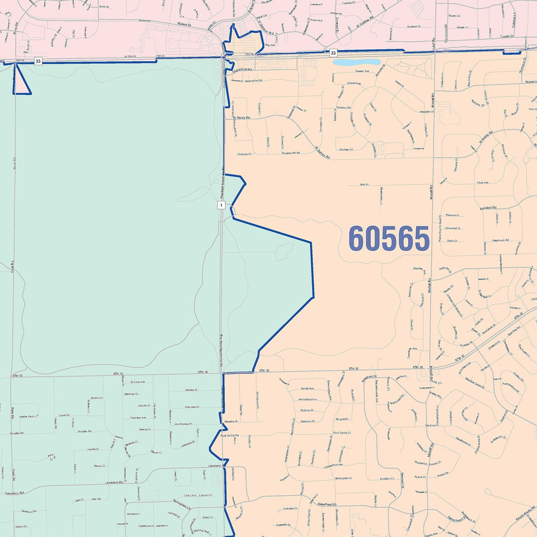 Color Cast Zip Code Style Wall Map of Naperville, IL