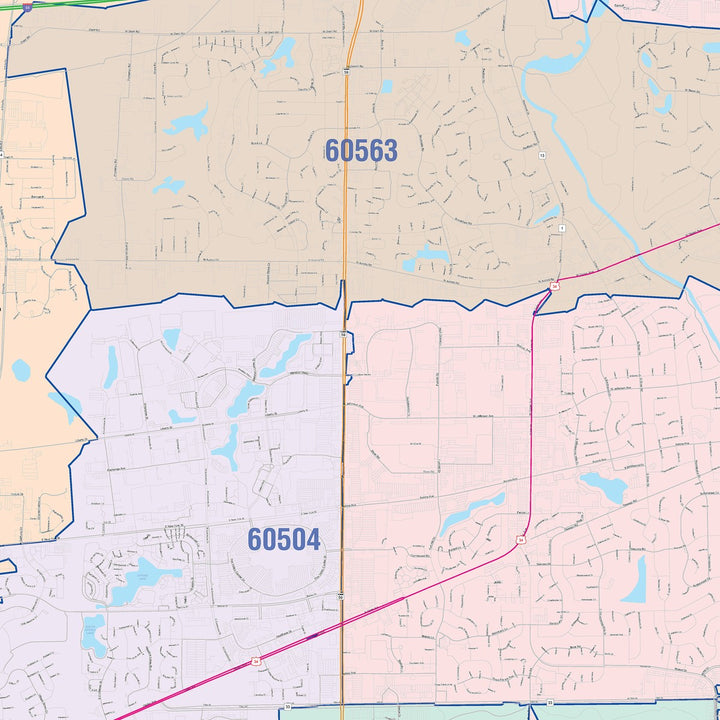 Color Cast Zip Code Style Wall Map of Naperville, IL