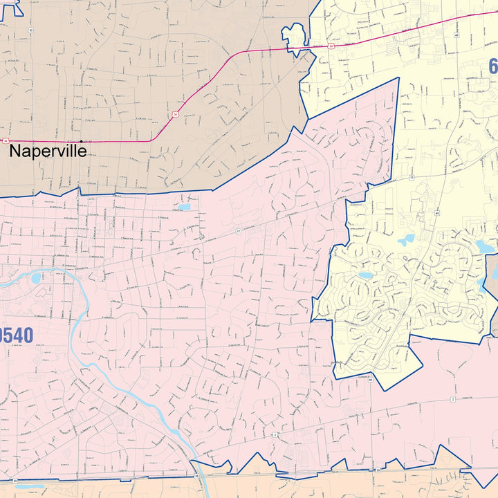 Color Cast Zip Code Style Wall Map of Naperville, IL