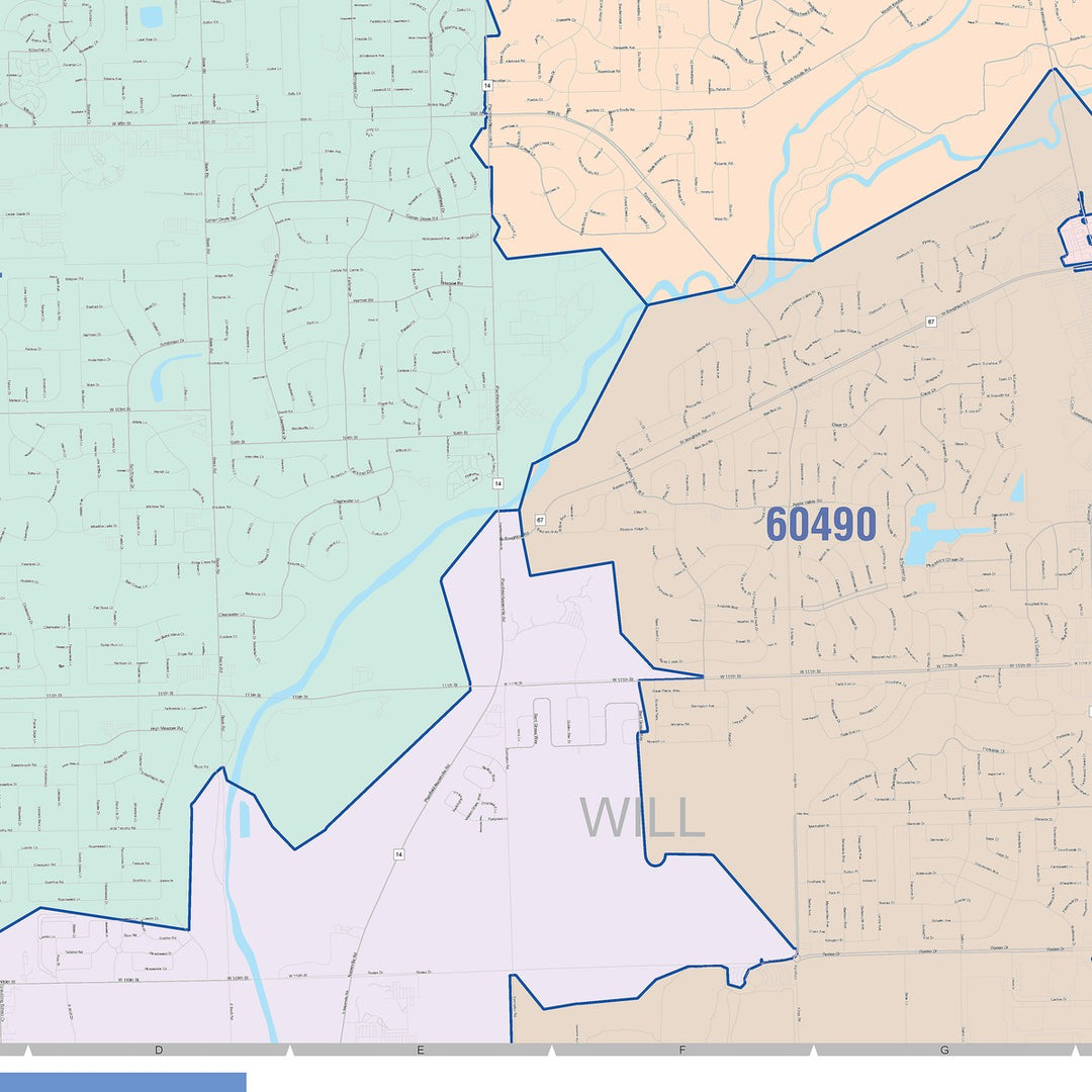 Color Cast Zip Code Style Wall Map of Naperville, IL