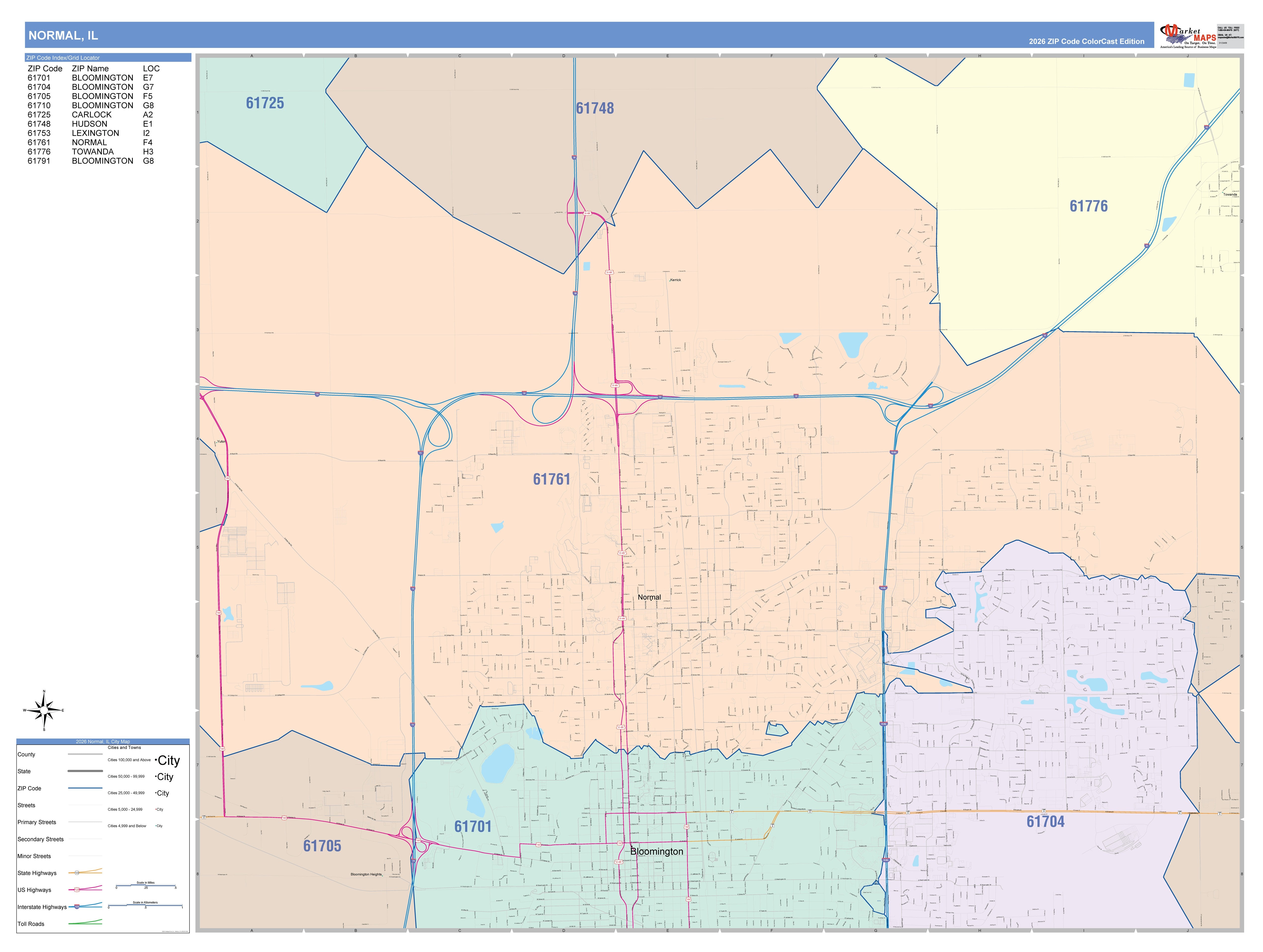 Color Cast Zip Code Style Wall Map of Normal, IL – American Map Store