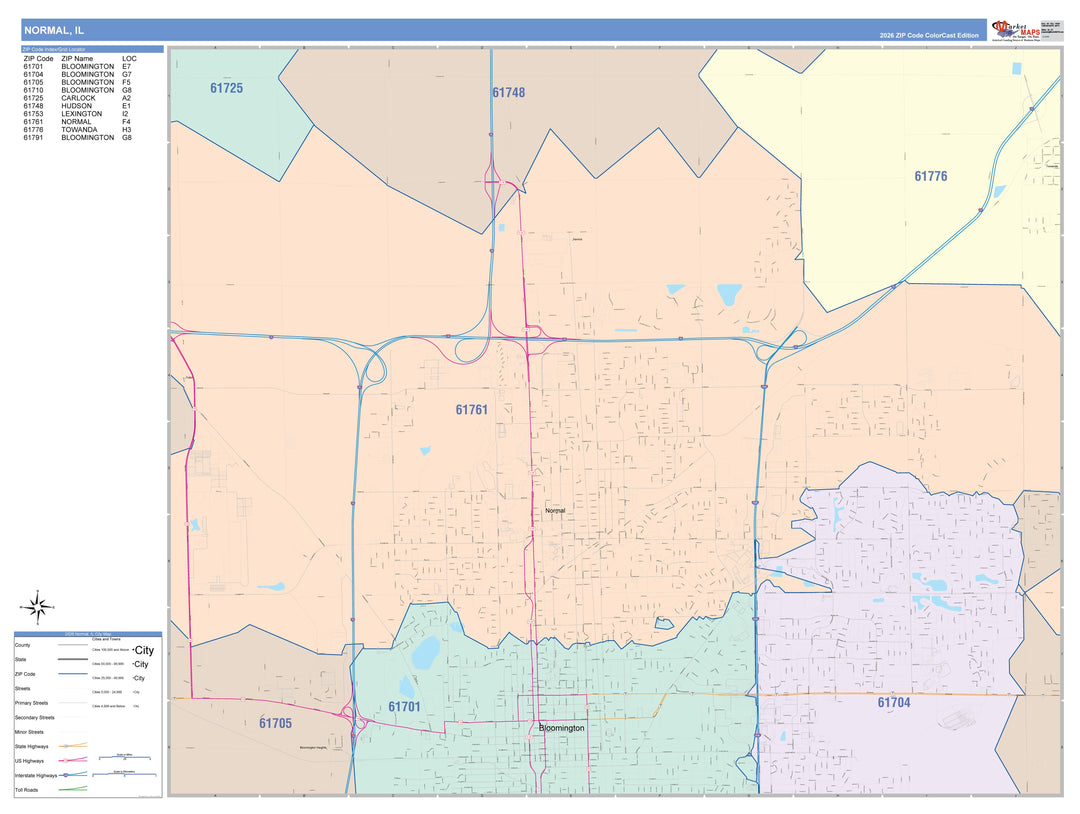 Color Cast Zip Code Style Wall Map of Normal, IL