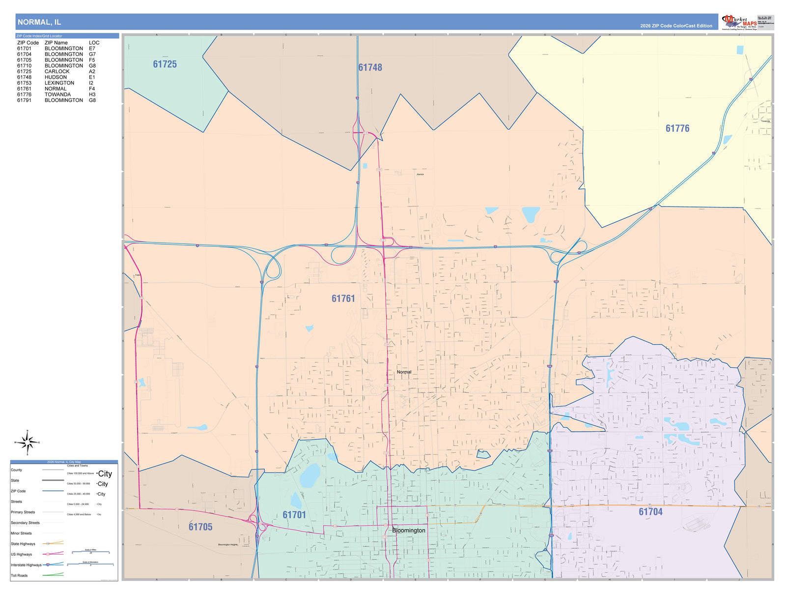 Color Cast Zip Code Style Wall Map of Normal, IL