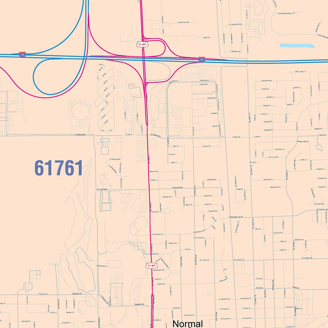 Color Cast Zip Code Style Wall Map of Normal, IL