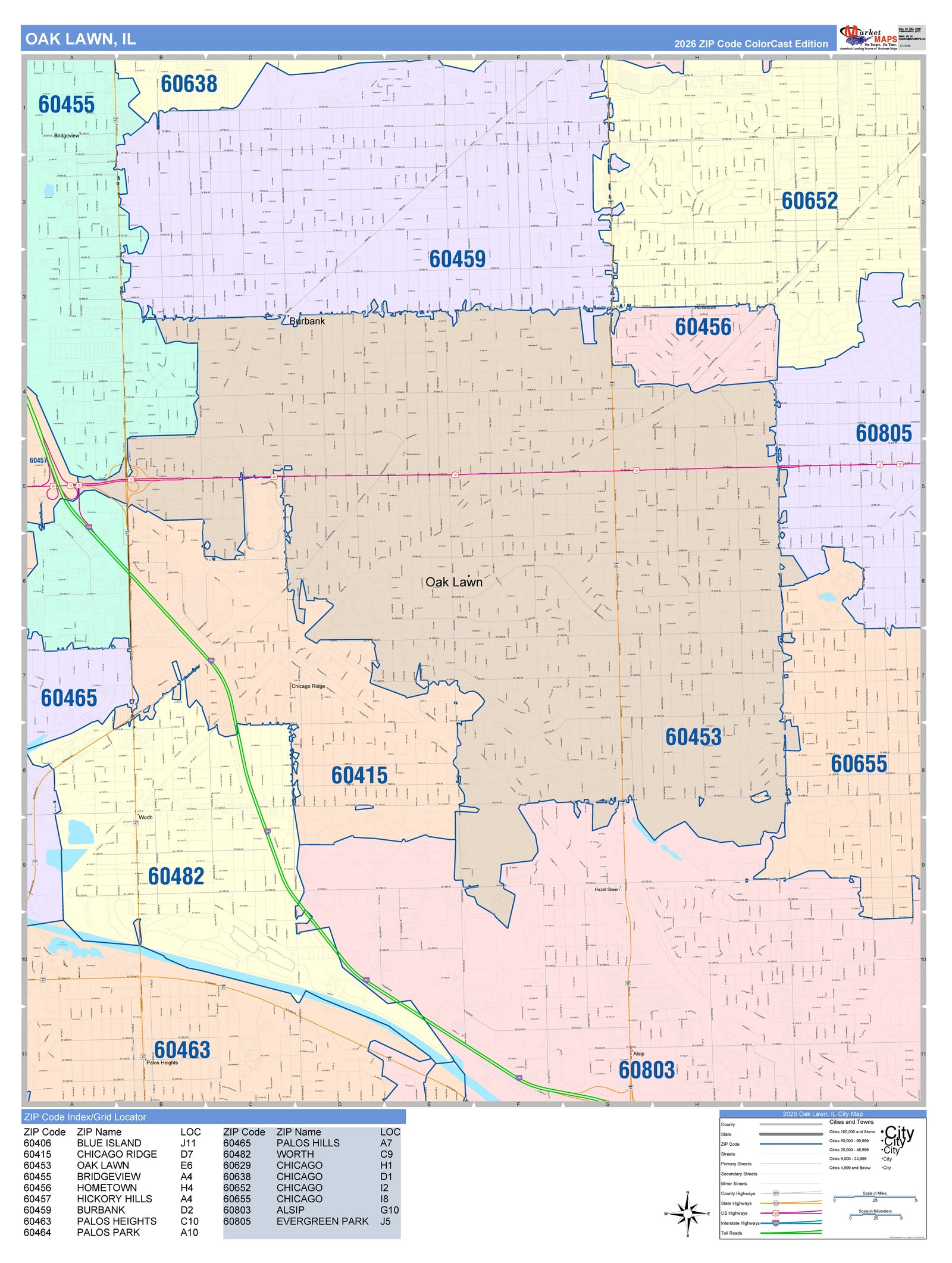Color Cast Zip Code Style Wall Map of Oak Lawn, IL