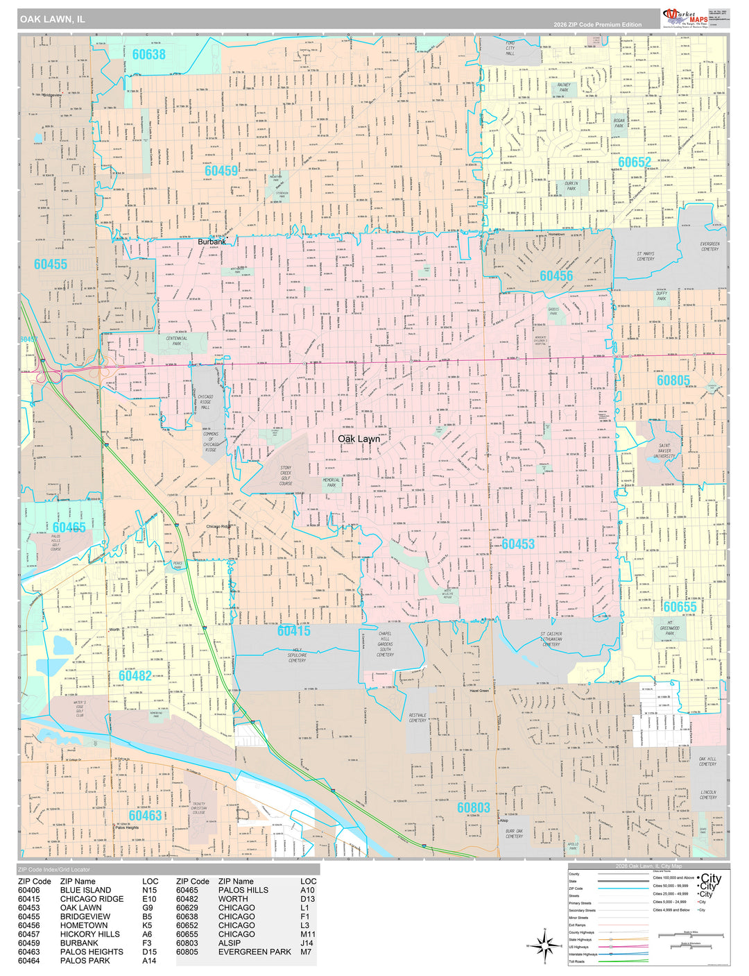 Premium Style Wall Map of Oak Lawn, IL