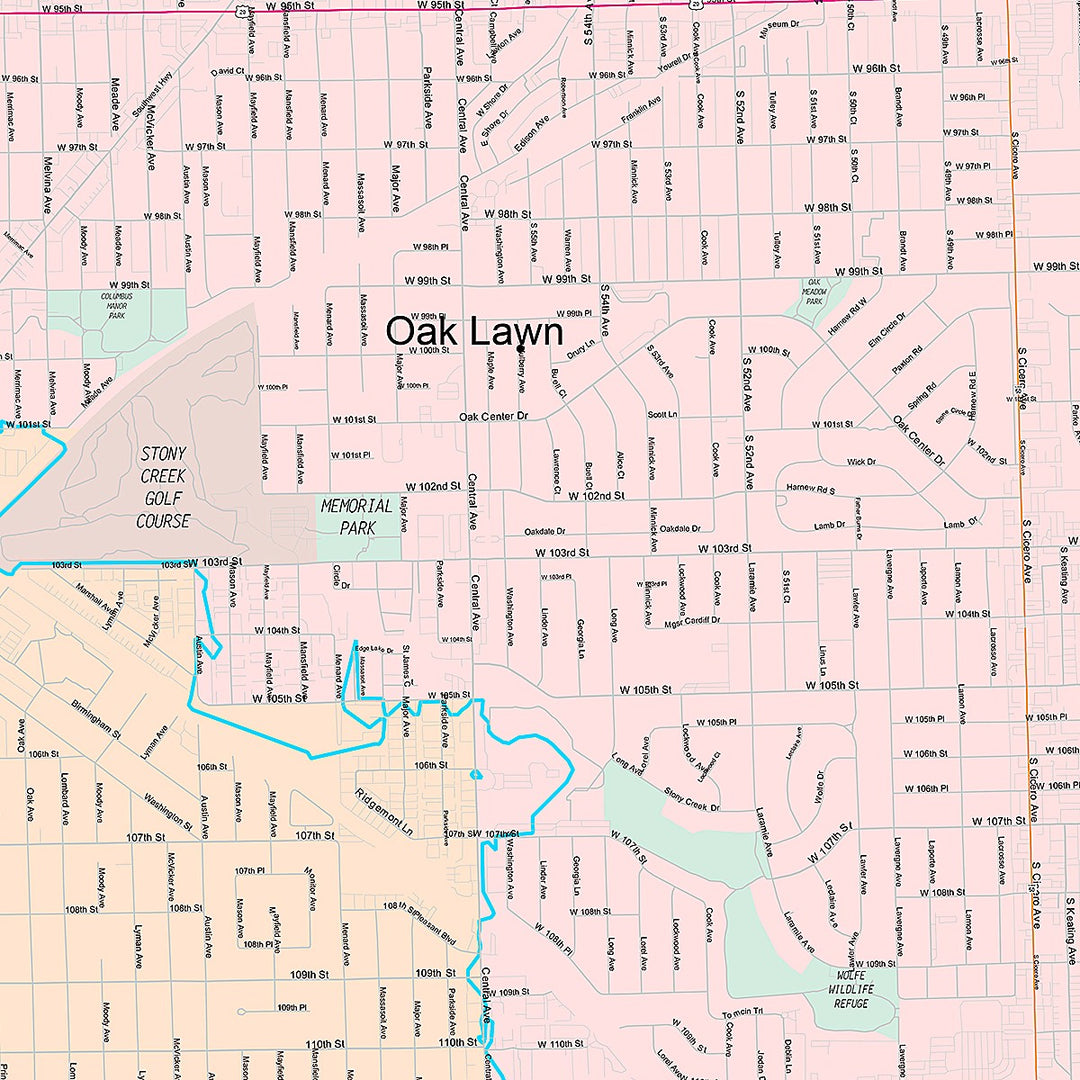 Premium Style Wall Map of Oak Lawn, IL