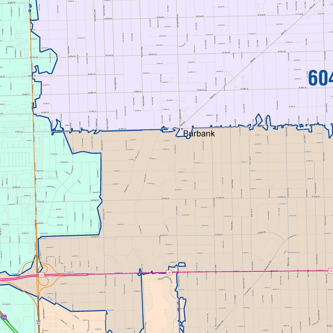 Color Cast Zip Code Style Wall Map of Oak Lawn, IL