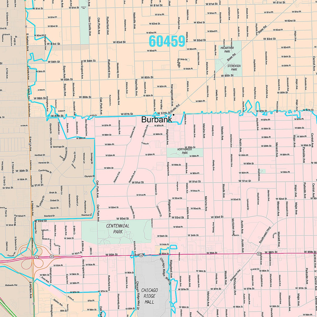 Premium Style Wall Map of Oak Lawn, IL