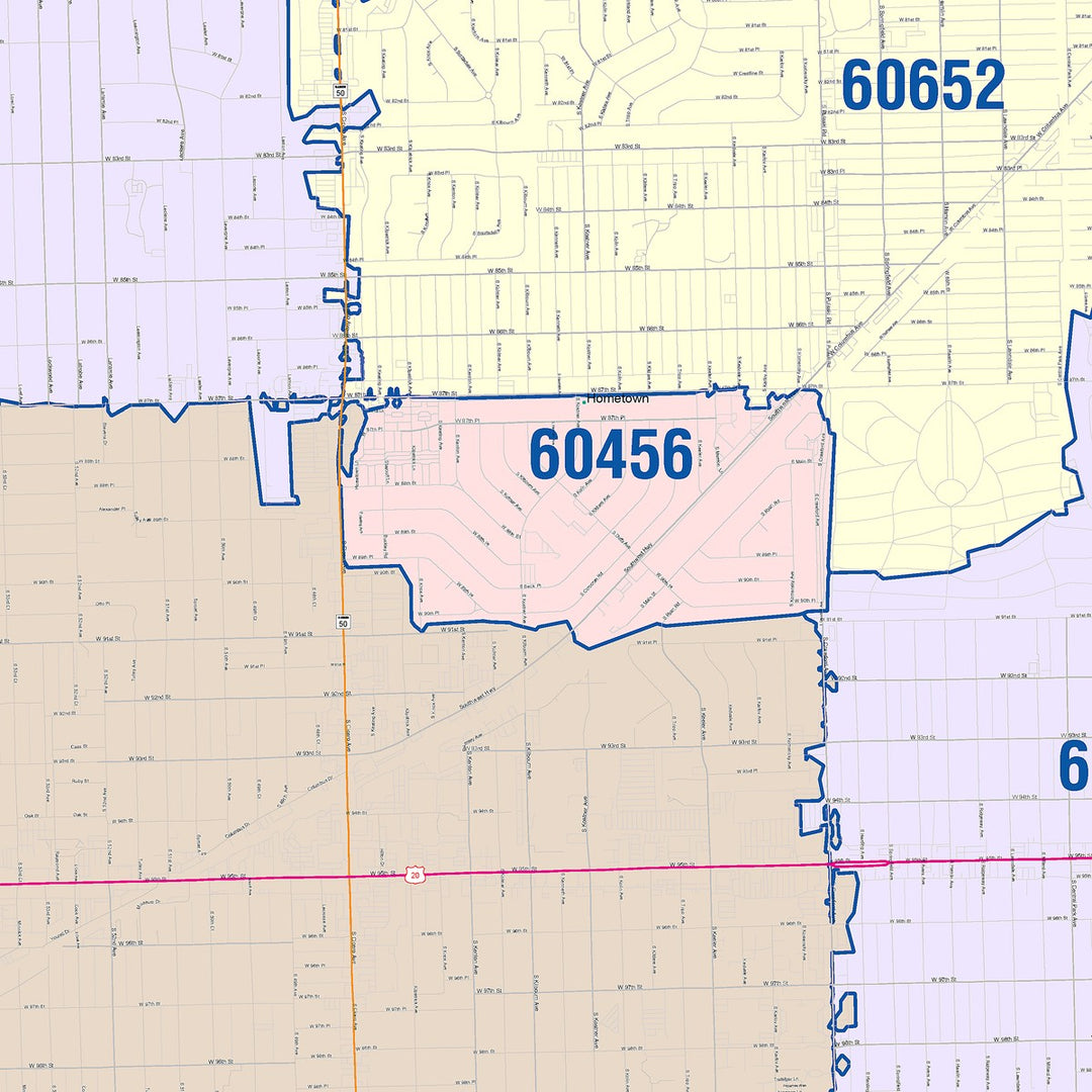 Color Cast Zip Code Style Wall Map of Oak Lawn, IL