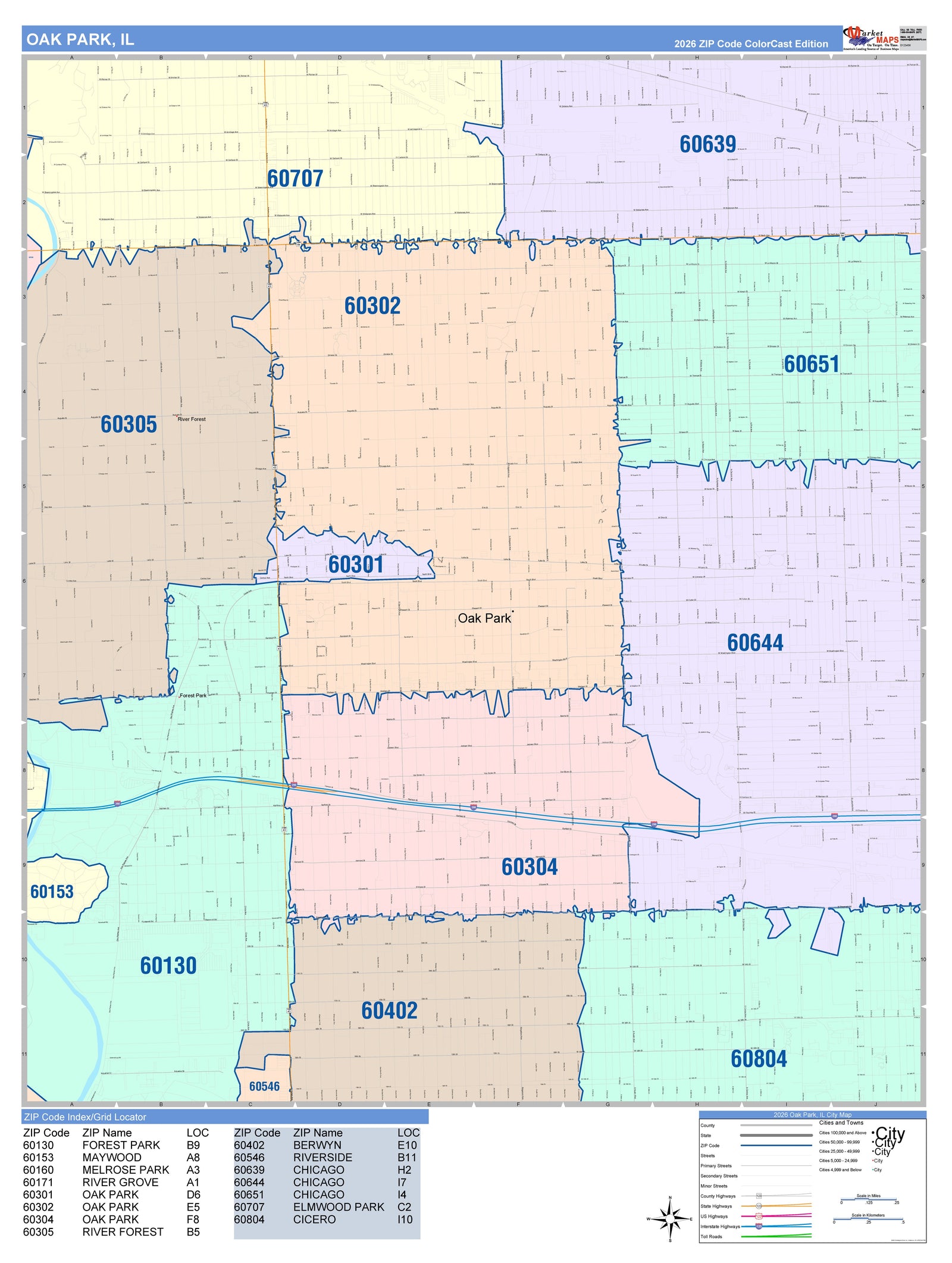Color Cast Zip Code Style Wall Map of Oak Park, IL