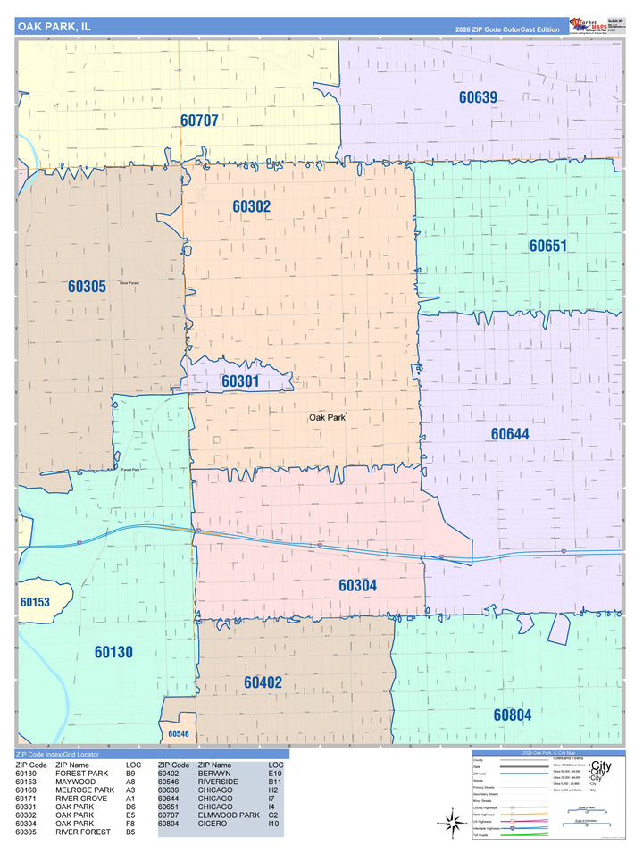 Color Cast Zip Code Style Wall Map of Oak Park, IL