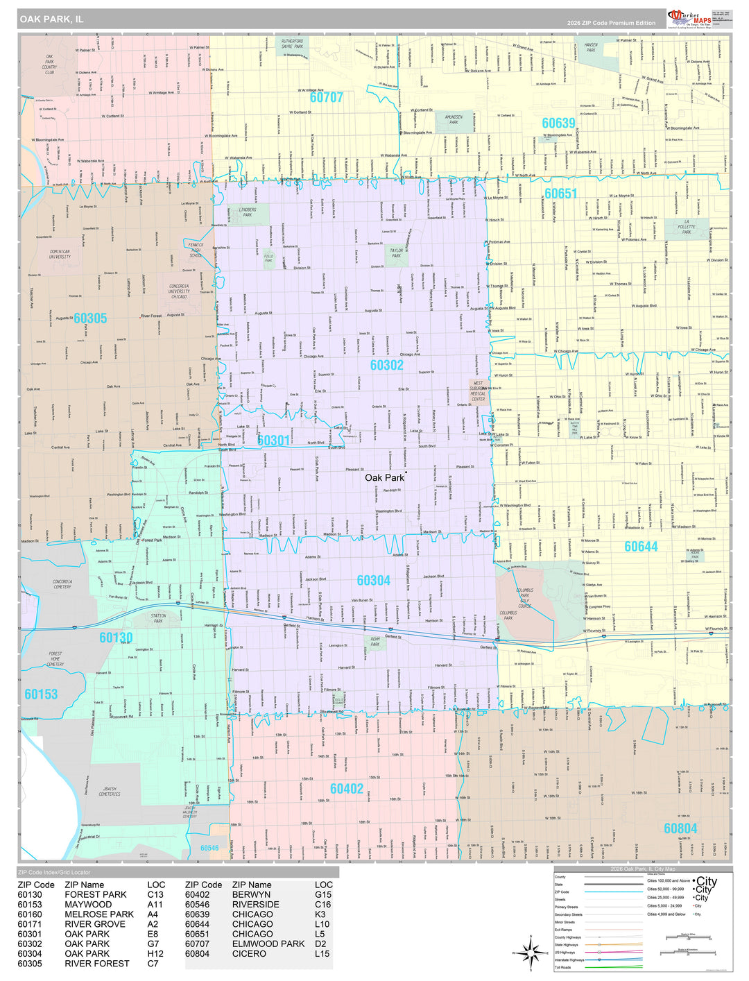 Premium Style Wall Map of Oak Park, IL